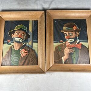 Vintage Hobo Clown Paint By Number Pair Framed Circus Art Set of‎ 2 Wall Decor